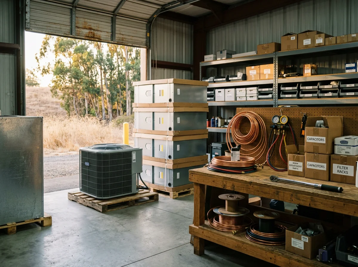 Environmental photo of heating and cooling tools and equipment at a service workspace. No people are shown in the image.