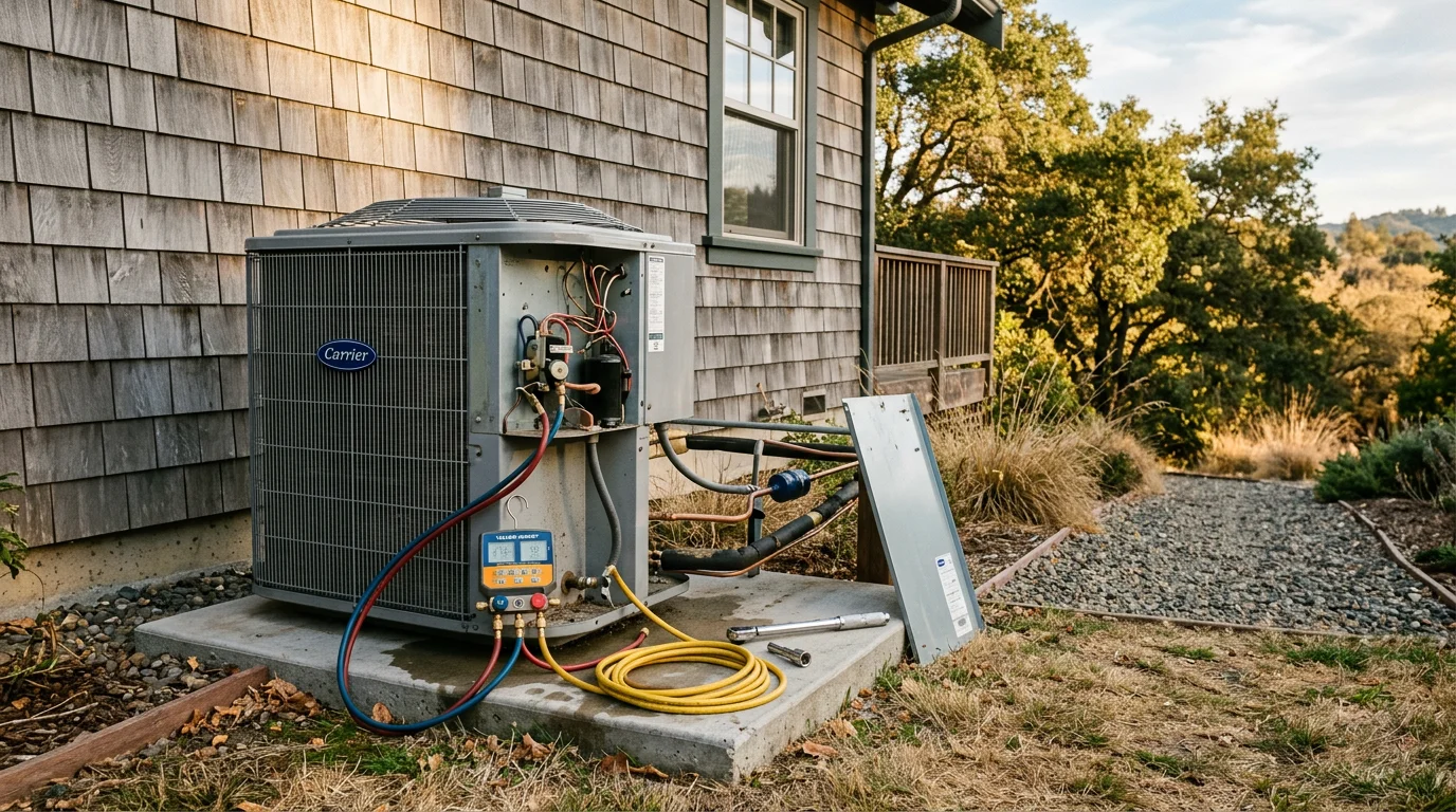 Technician installing an air conditioning unit outside a North Bay home