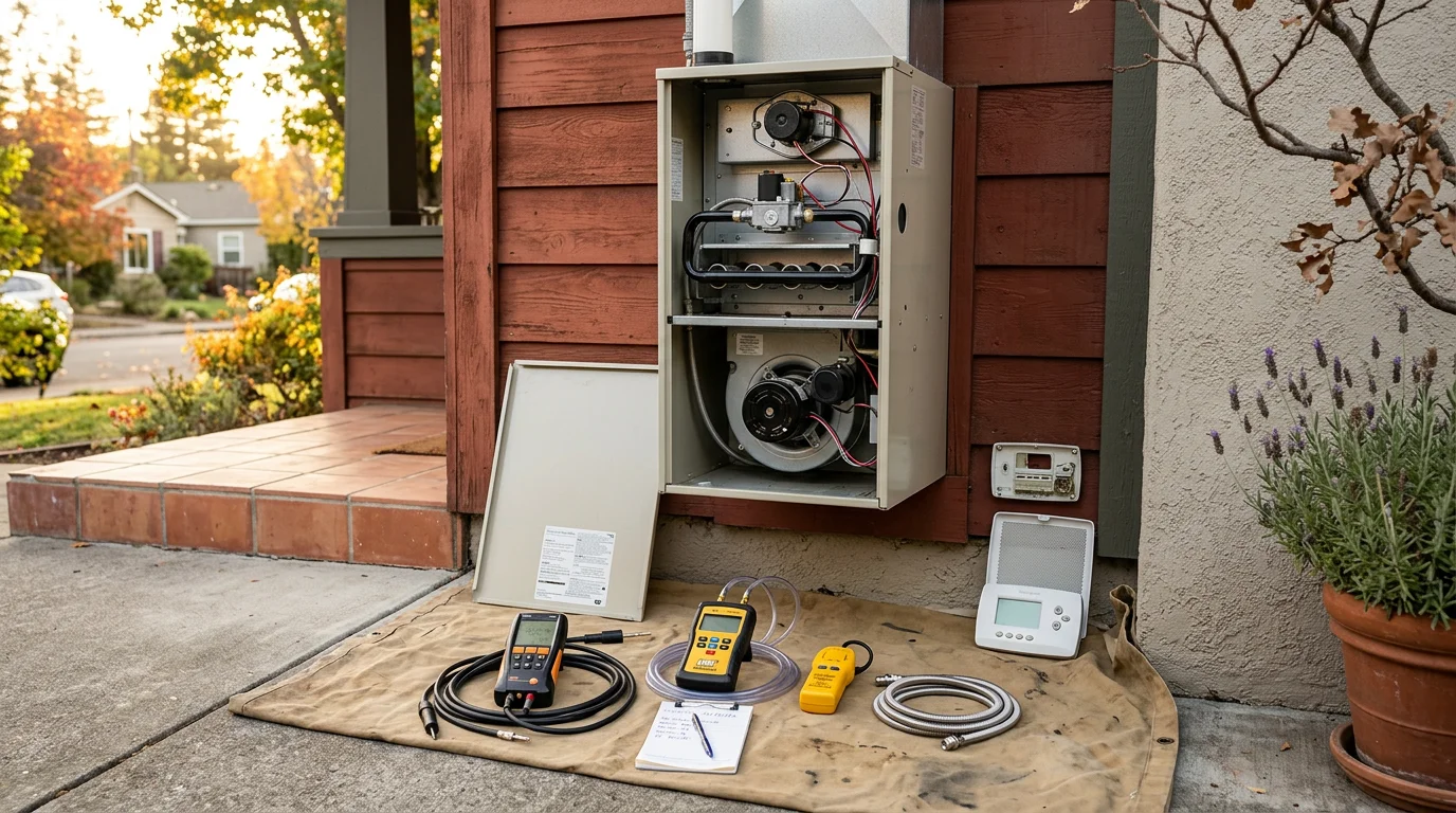 Technician working on a home heating system in a North Bay house