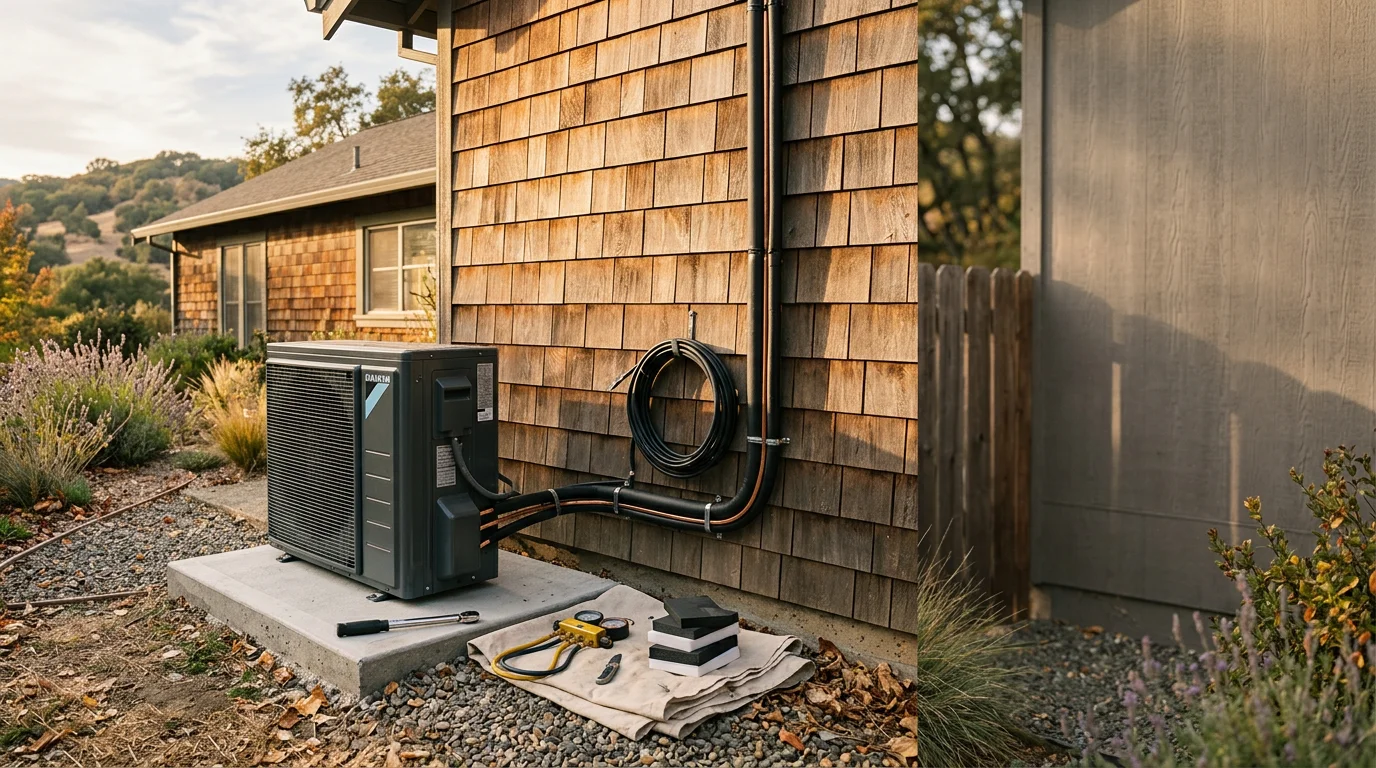 Custom Comfort Heating and Cooling technician servicing an HVAC system in the North Bay