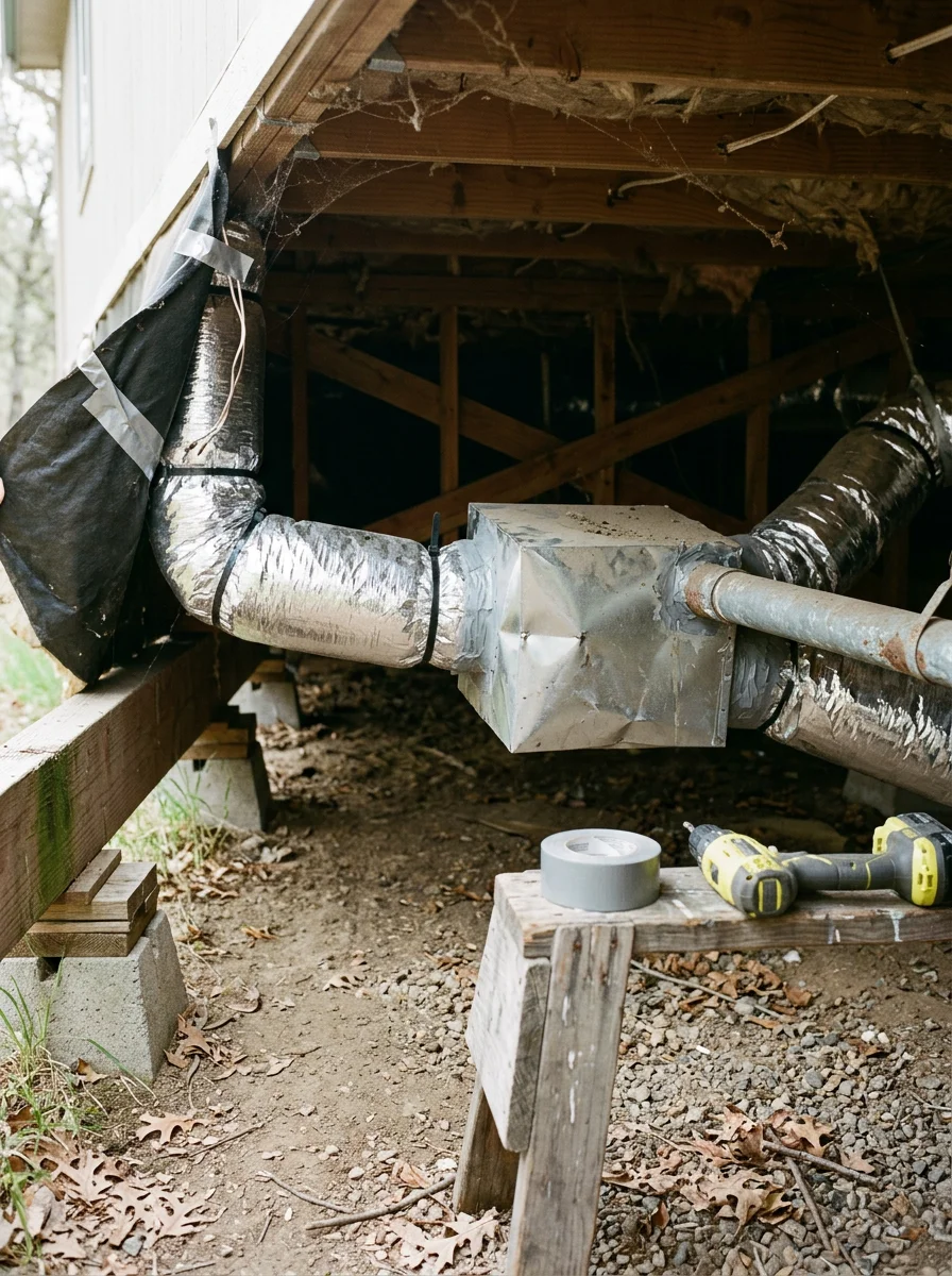 Ductwork access panel beneath a manufactured home in Lake County, with a technician inspecting flexible duct connections in the belly board enclosure.