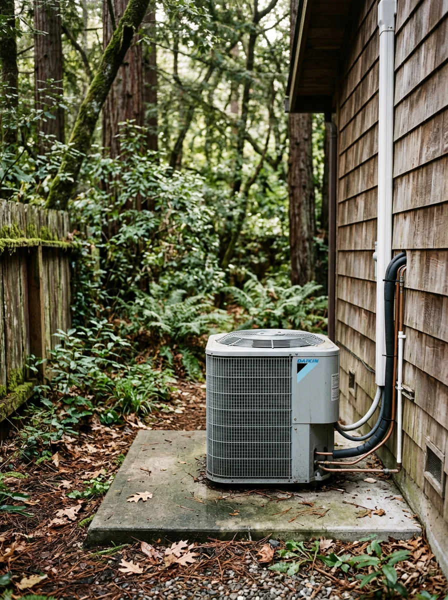 Outdoor condenser unit for a ductless mini-split system installed beside a wood-sided home in a tree-lined Marin County canyon setting.