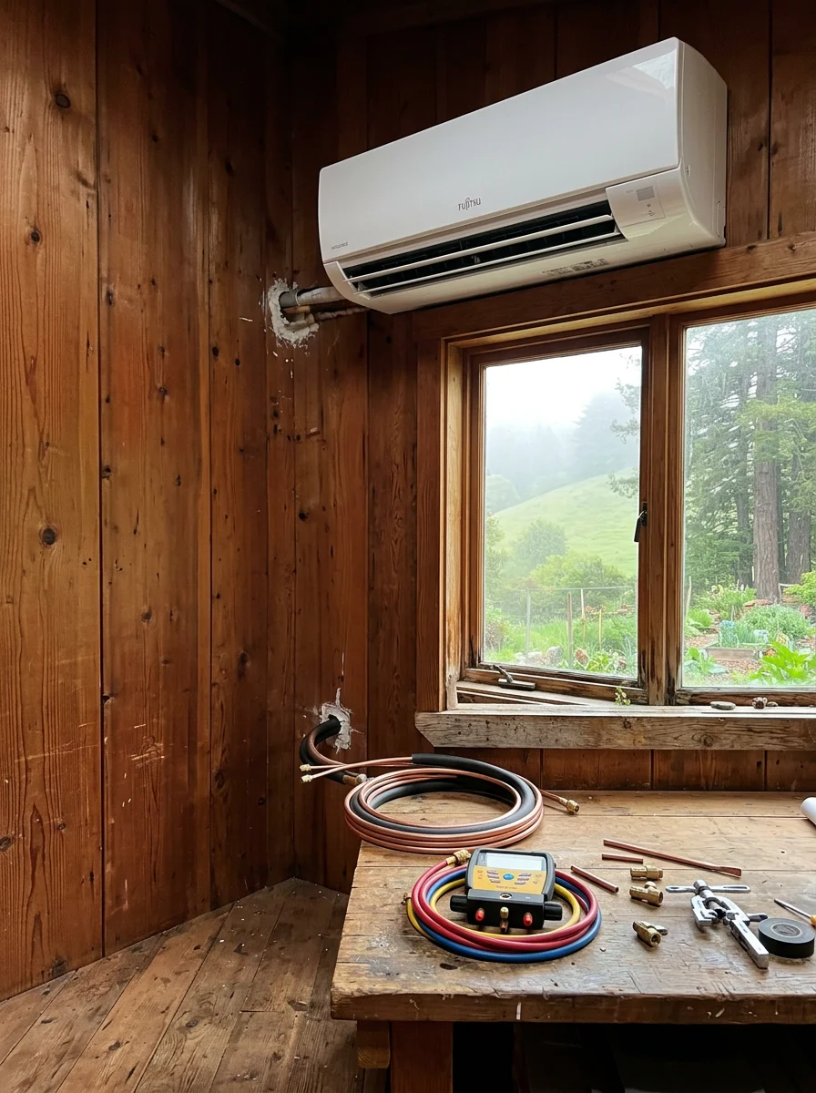 Interior of a rural Mendocino County home showing a wall-mounted ductless mini-split air handler above a window, with redwood paneling and natural light from outside.