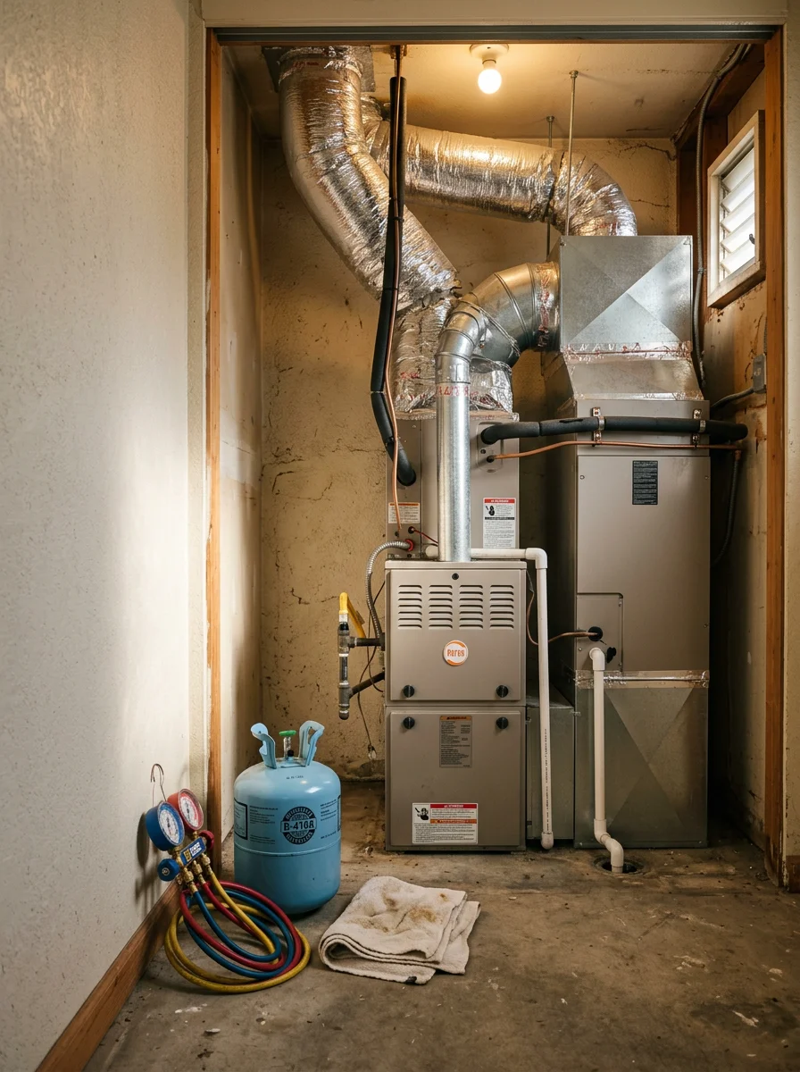Interior view of a forced-air furnace and air handler in the utility closet of a mid-century Napa County home, with ductwork connections visible overhead.