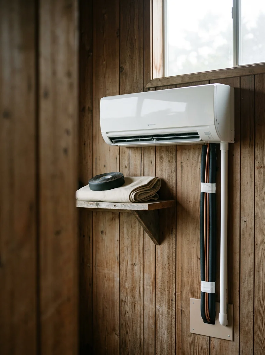 Close-up of a ductless mini-split indoor air handler mounted on the wall of a coastal Sonoma County home, with wood-paneled walls visible in the background.