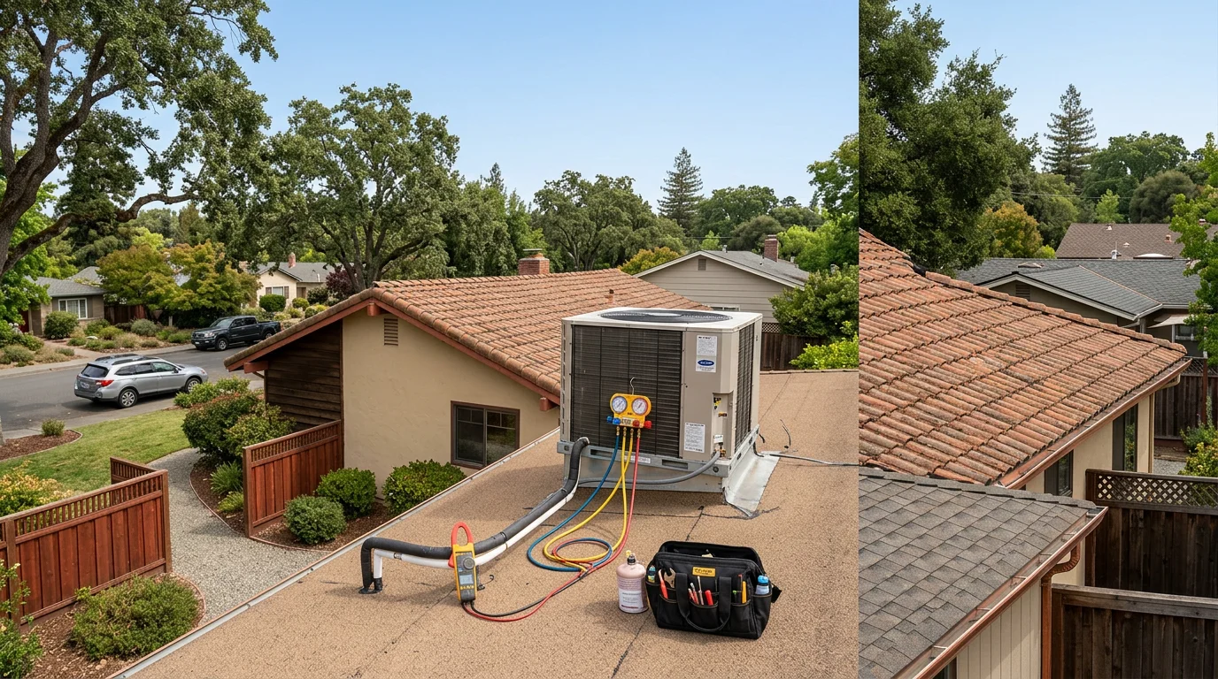 HVAC technician inspecting a rooftop air conditioning unit on a single-story home in a Santa Rosa neighborhood, with a clear blue sky overhead.