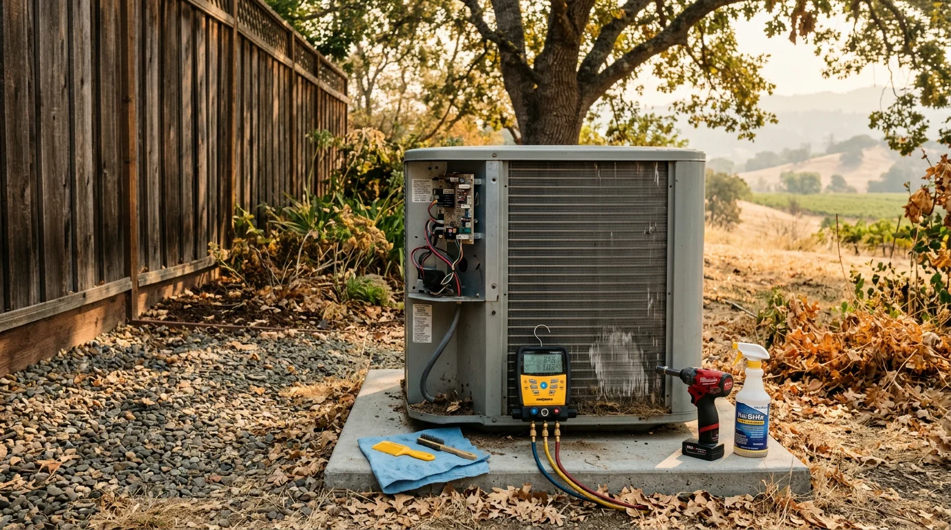 An HVAC technician cleaning the outdoor condenser coils of a residential air conditioning unit at a Sonoma County home. The technician inspects refrigerant lines and electrical connections during a routine A/C maintenance tune-up.