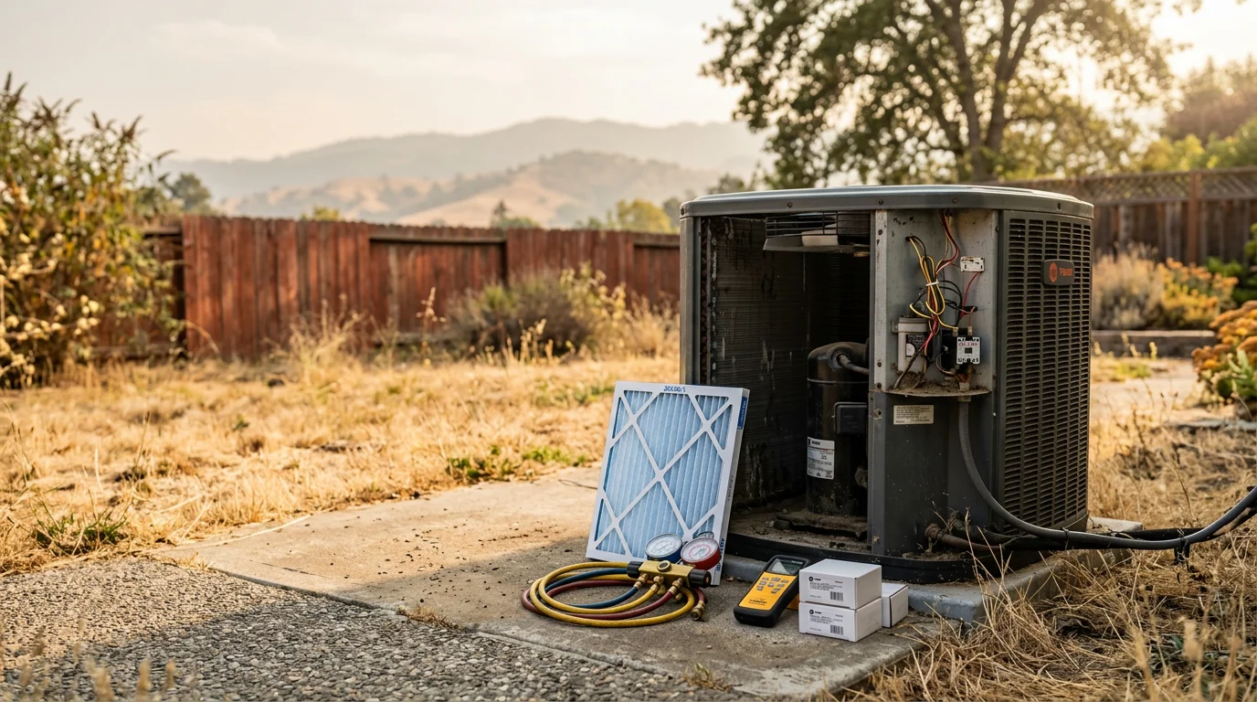 A technician inspecting the outdoor condenser unit of a residential central air conditioning system in Sonoma County, California. The unit shows signs of heavy dust buildup consistent with wildfire smoke season exposure.