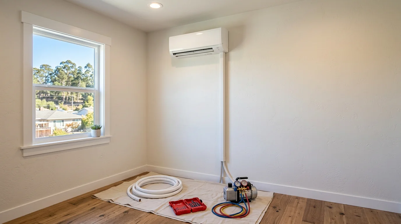 A wall-mounted ductless mini-split air handler installed in a Sonoma County home, with a small outdoor compressor unit visible through the window. The indoor unit sits above a living area in a home without traditional ductwork.