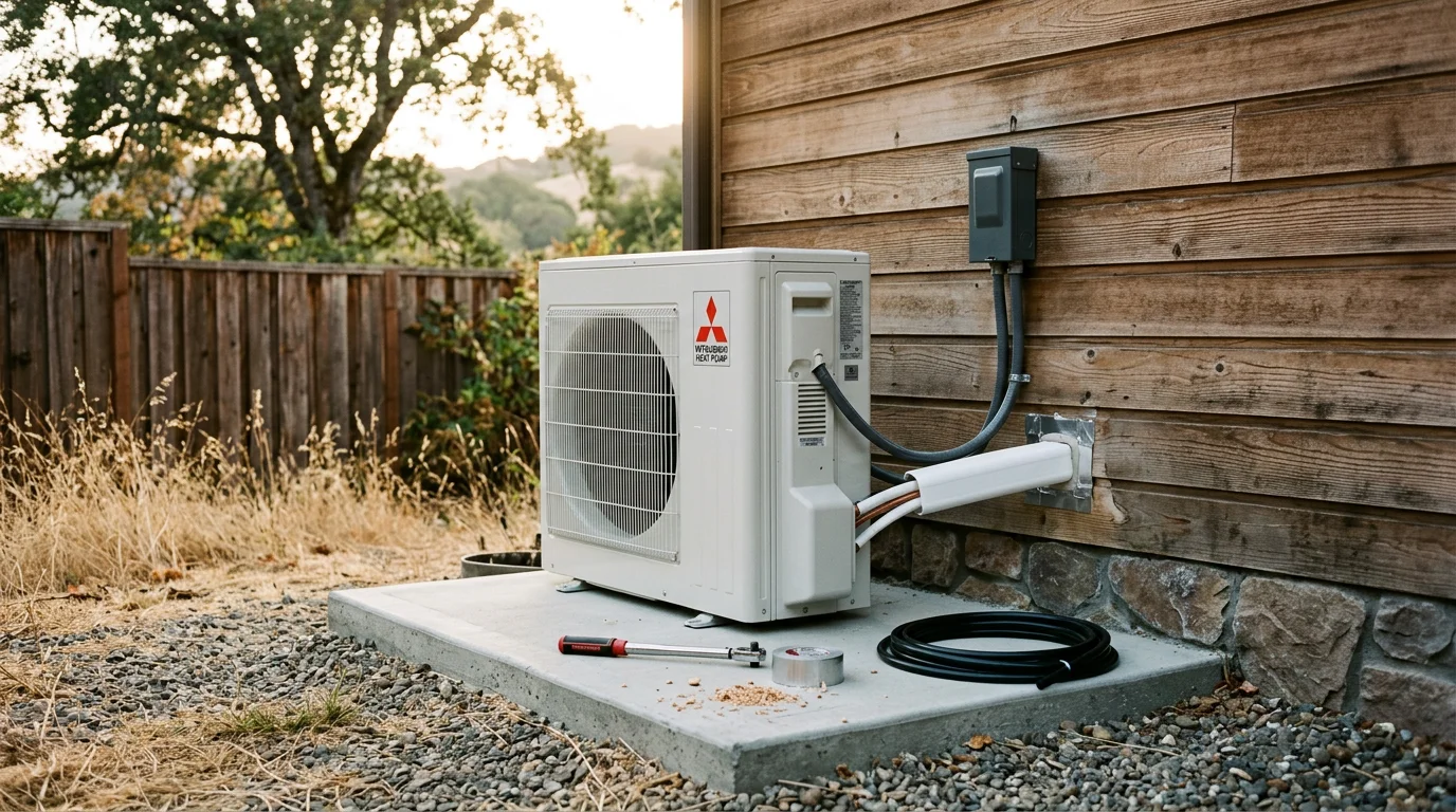 A heating contractor completing a heat pump installation on the exterior of a single-family home in Sonoma County, California. The unit is mounted on a concrete pad beside the house with clear airflow clearance on all sides.