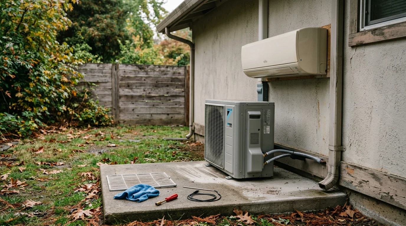 A heating technician inspecting the blower motor and heat exchanger inside a residential gas furnace during a maintenance visit in Sonoma County, California. The furnace panel is open and the technician is using a handheld meter to check electrical connections.