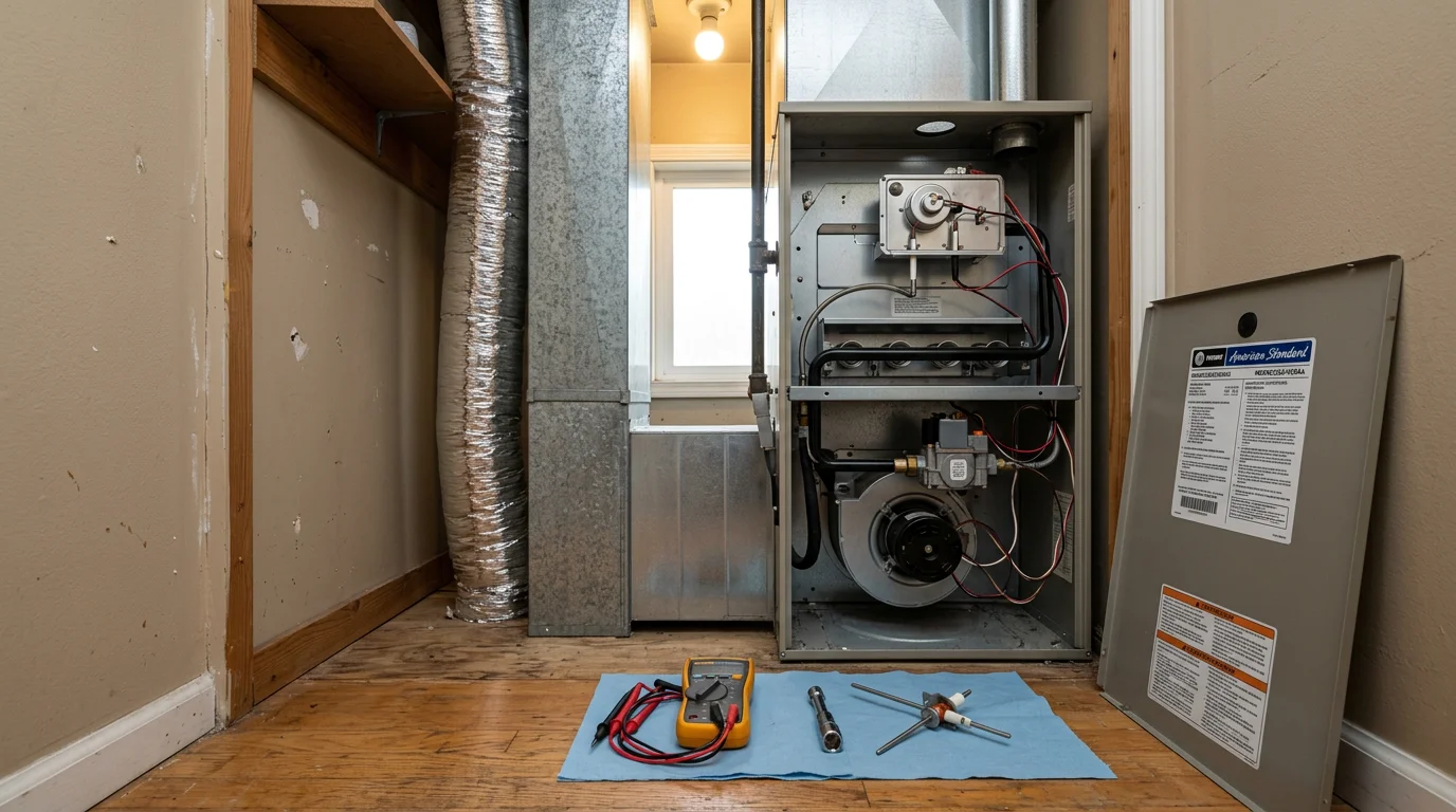 A heating technician inspecting the ignition system and heat exchanger inside a residential gas furnace in a Sonoma County home. The unit is open for diagnostic service with tools visible on a nearby work surface.