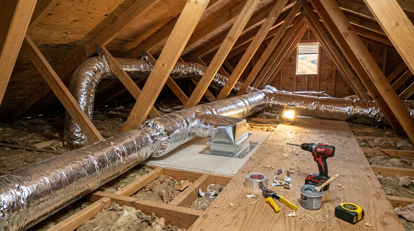HVAC technician installing insulated ductwork in the attic of a residential home in Sonoma County, California. New metal duct sections are connected and sealed at the joints above the living space.