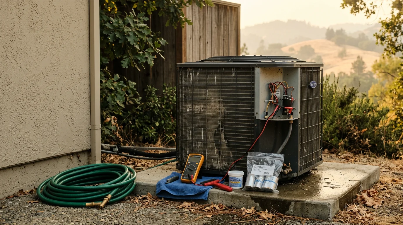A Custom Comfort Heating and Cooling technician inspecting an outdoor air conditioning unit at a residential property in Sonoma County, California. The technician is checking system components during a routine HVAC maintenance visit on a clear day.