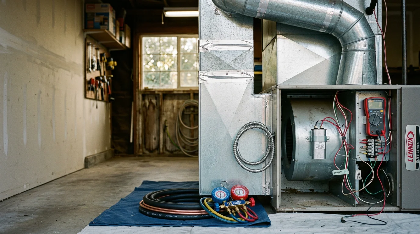 A Custom Comfort Heating and Cooling technician inspecting a residential HVAC system unit outside a home in Sonoma County, California. The technician checks internal components on a clear day with Northern California hills visible in the background.