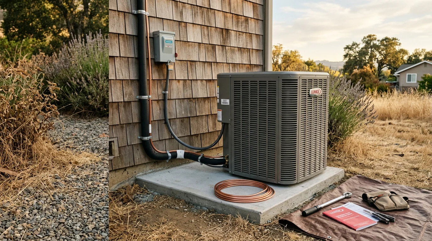 A newly installed central air conditioning outdoor condenser unit beside a single-family home in Sonoma County, California, with a clear blue summer sky in the background. An HVAC technician from Custom Comfort Heating and Cooling checks the system connections after installation.