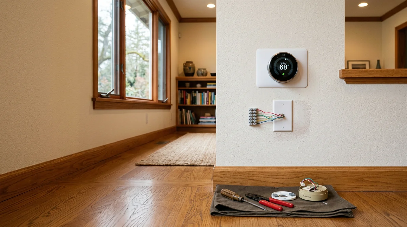 An HVAC technician installing a smart thermostat on a wall inside a Sonoma County home, with low-voltage wiring visible at the wall plate. The heating and cooling system control panel is visible in the background.
