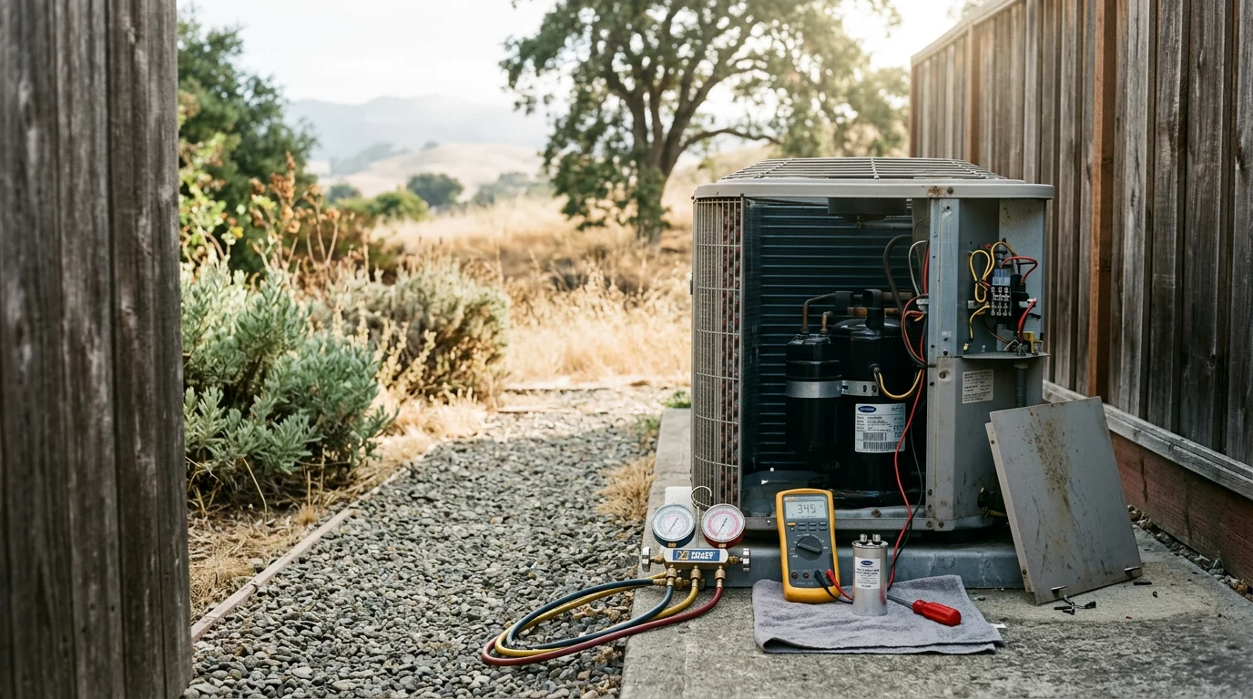A technician inspecting an outdoor HVAC condenser unit at a residential home in Sonoma County, California. The unit shows signs of wear consistent with the region's warm, dry summers and coastal air exposure.