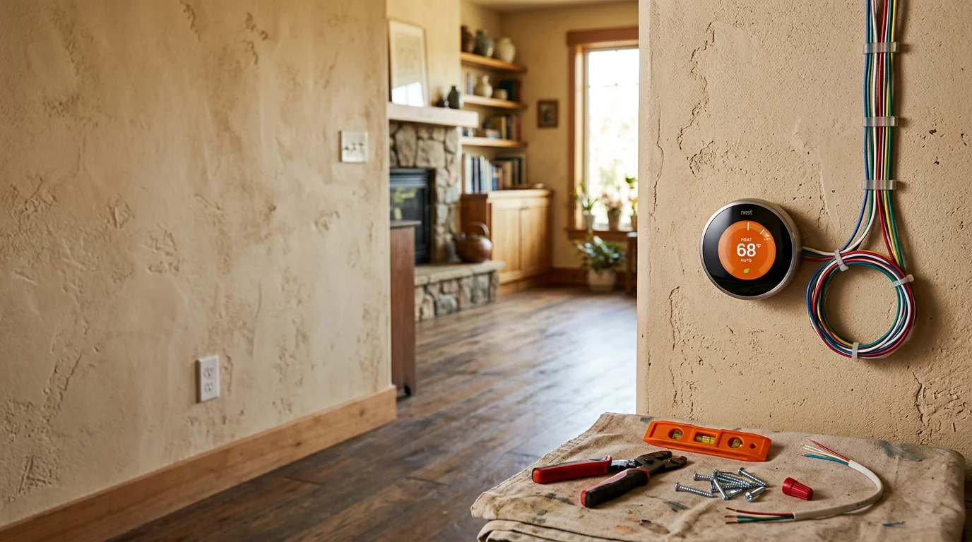 An HVAC technician installing a smart thermostat on the wall of a Sonoma County home, with low-voltage wiring visible at the thermostat base and a furnace unit in the background.