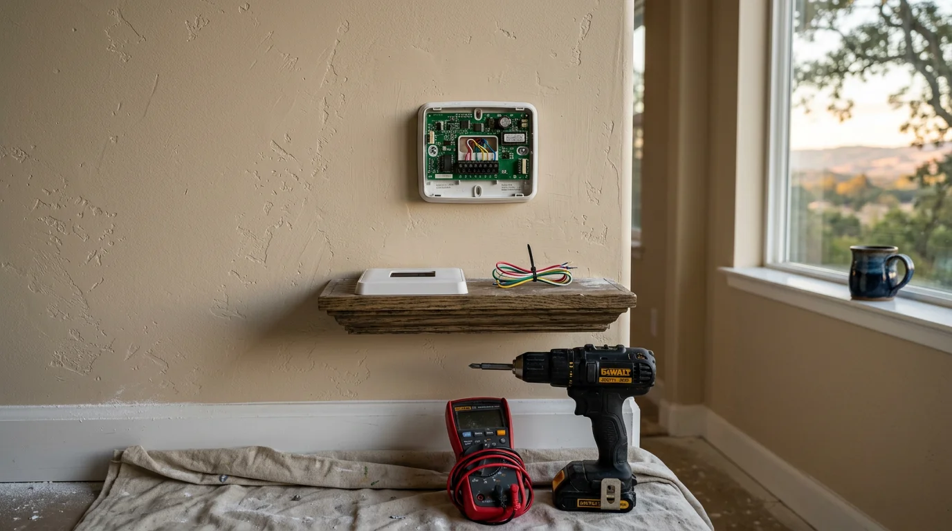 A heating contractor inspecting thermostat wiring on a residential wall unit in a Sonoma County home. The technician checks low-voltage wire terminals connected to a furnace control system.